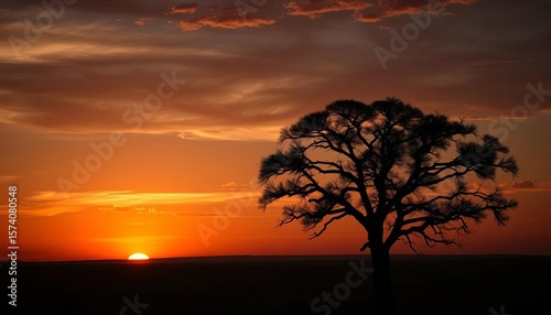 Silhouetted acacia tree in vast Kenyan savanna at sunset, dramatic sky,   scenic view,   wide shot