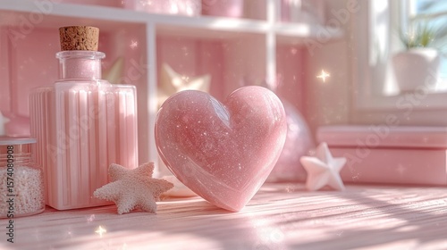 Ethereal Pink Aesthetic Still Life with Heart and Decorative Elements