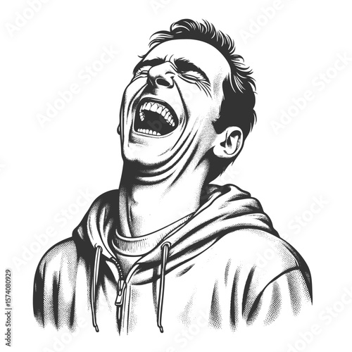 cheerful young man wearing a hoodie, smiling widely with joyful energy and expressive eyes sketch engraving generative ai fictional character vector illustration. Scratch board. Black and white image.