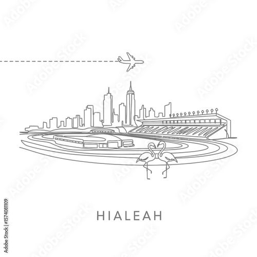 Hialeah Skyline Line Art Airplane and Flamingos.