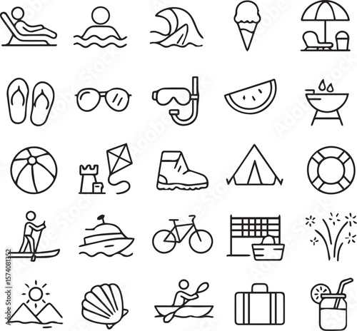 “Summer Vacation Icons | Beach, Travel & Tropical Line Art Vector Set”