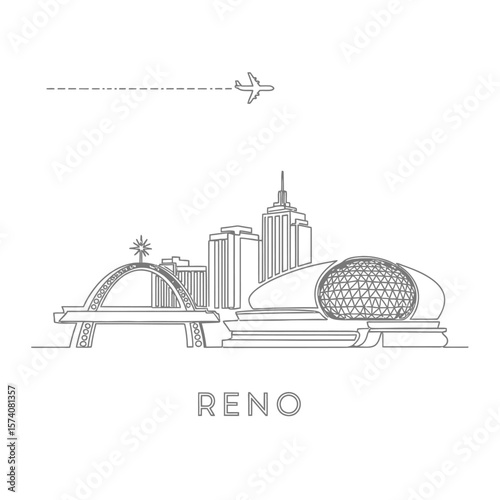 Reno Nevada Skyline Line Art with Airplane Travel.