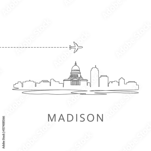 Madison Skyline Plane Travel Minimalist Vector.