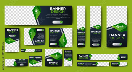 Modern Banner design web template set. Set Horizontal, vertical, square business background design. Black and green. vector