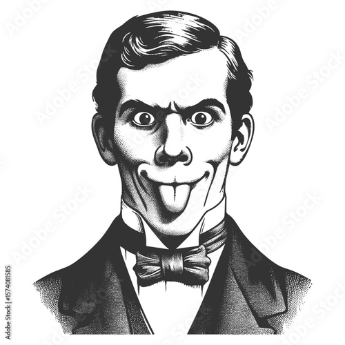 young man in formal attire making a goofy face with tongue out and wide eyes sketch engraving generative ai fictional character vector illustration. Scratch board imitation. Black and white image.