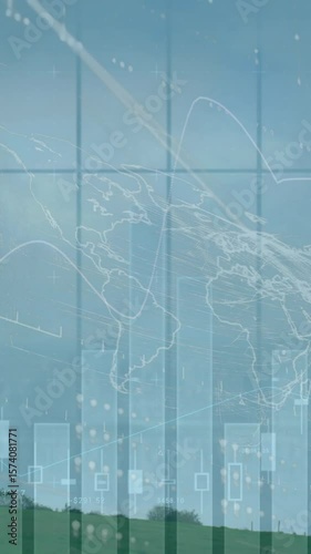 Animation of graphs moving with world map against wind turbines on field