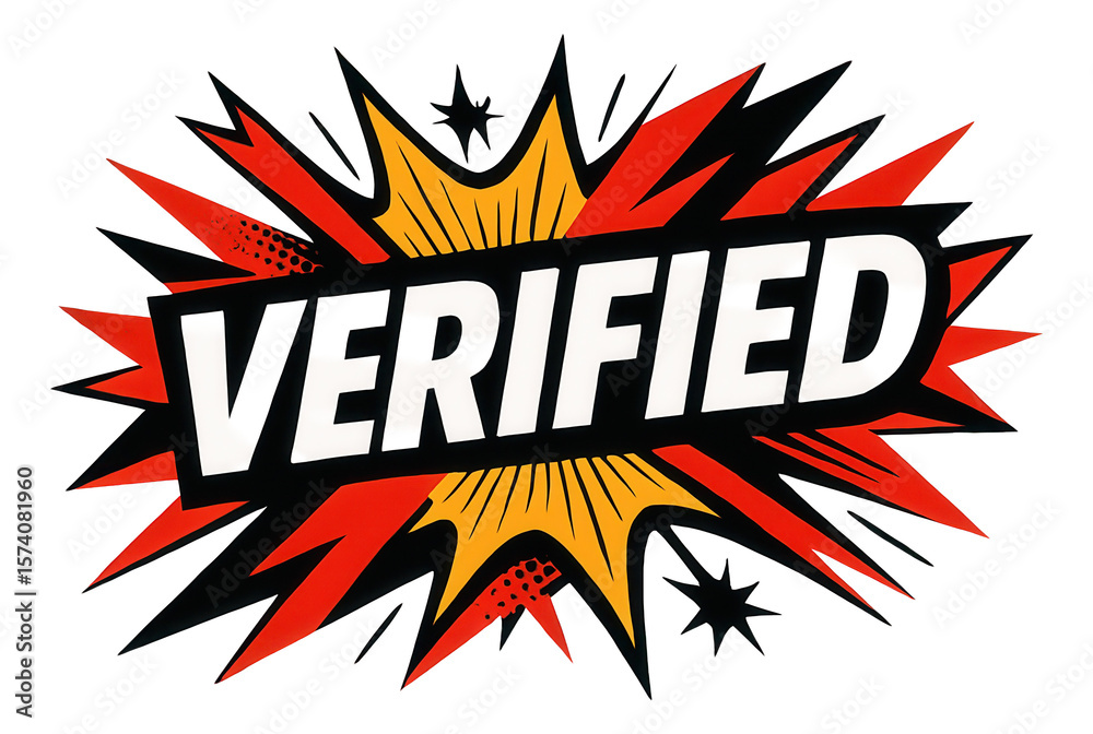 Fototapeta premium Red and yellow burst sticker with VERIFIED in bold comic style, dynamic promo offer on transparent background.