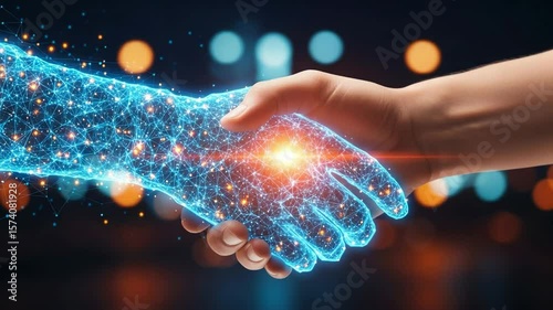 A digital handshake connects a human hand with a glowing, networked hand, symbolizing the collaboration between technology and humanity in the future