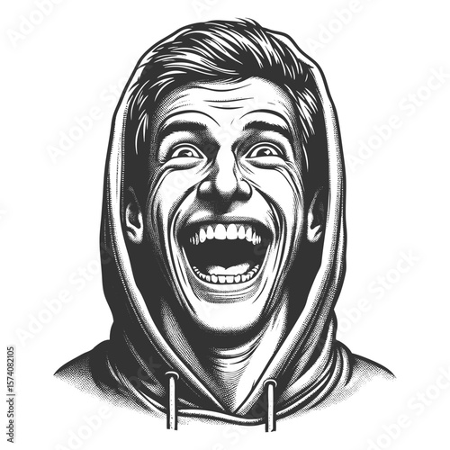 cheerful young man wearing a hoodie, smiling widely with joyful energy and expressive eyes sketch engraving generative ai fictional character vector illustration. Scratch board. Black and white image.