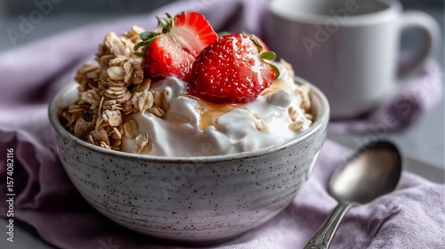 Yogurt bowl with granola and strawberries, plus a side of white mug