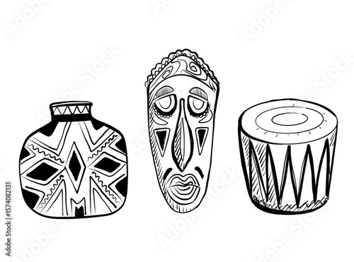 Decorative vector illustrations of traditional artifacts showcasing cultural heritage and artistic craftsmanship