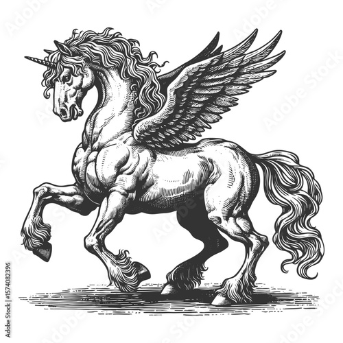 unicorn with wings, posed in a dynamic stance with flowing mane and tail sketch engraving generative ai fictional character vector illustration. Scratch board imitation. Black and white image.