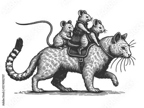 mouse riding a galloping cat like a horse sketch engraving generative ai fictional character vector illustration. Scratch board imitation. Black and white image.