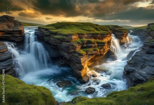 Majestic canyon waterfall at sunset with dramatic cliffs and lush moss

