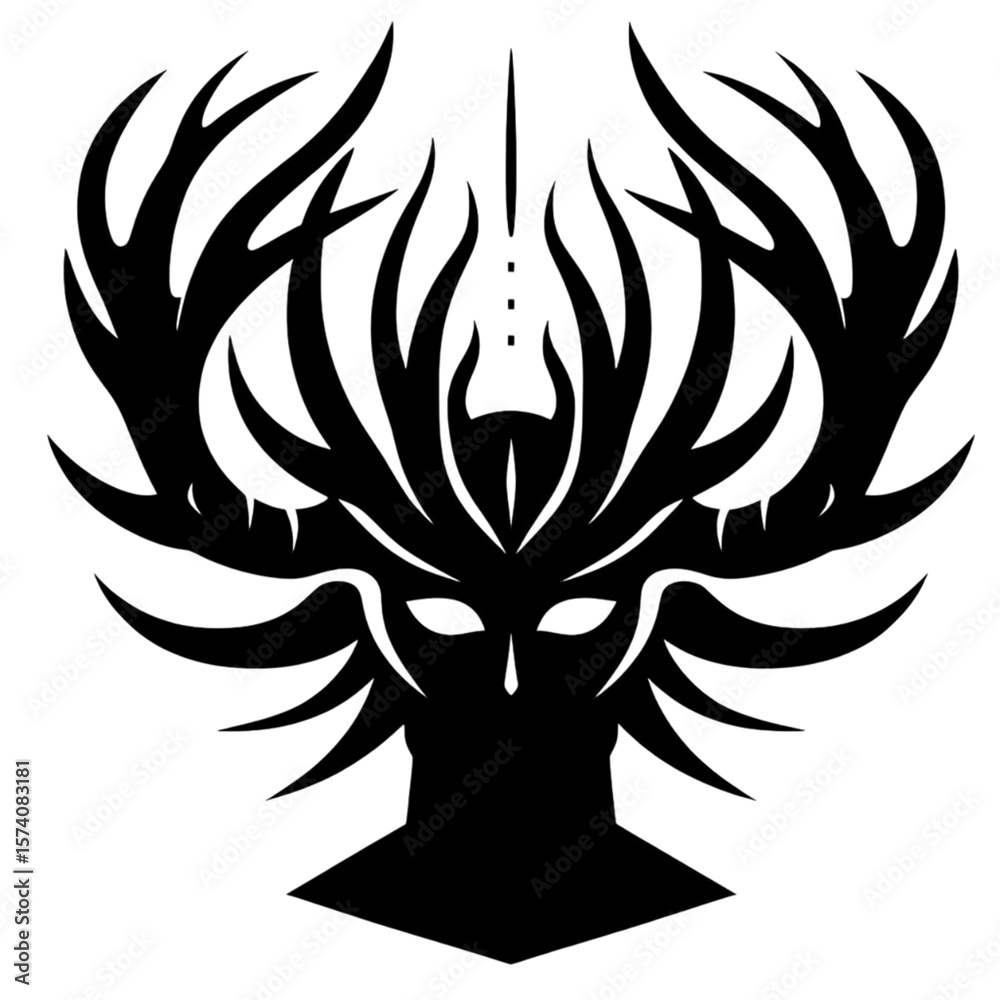 custom made wallpaper toronto digitalAn icon of a ritualistic headdress made from large deer antlers. The icon is symmetrical, with the bold, curving black shapes of the antlers rising like a crown from an unseen head.