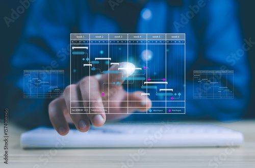 managing milestones on a timeline Gantt chart in technology online. concept of project planner in software, schedule plan management work update, and workflow. project, business, plan, schedule,	
