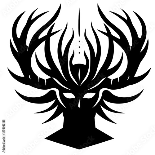 Wallpaper Mural An icon of a ritualistic headdress made from large deer antlers. The icon is symmetrical, with the bold, curving black shapes of the antlers rising like a crown from an unseen head. Torontodigital.ca