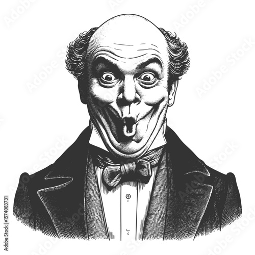 bald man in formal suit making a wide-eyed, puckered expression with exaggerated comic effect sketch engraving generative ai vector illustration. Scratch board imitation. Black and white image.