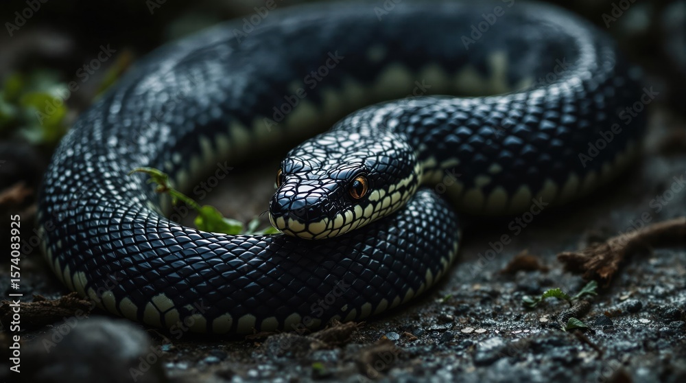 Obraz premium Close-up of a dark snake coiled on the ground