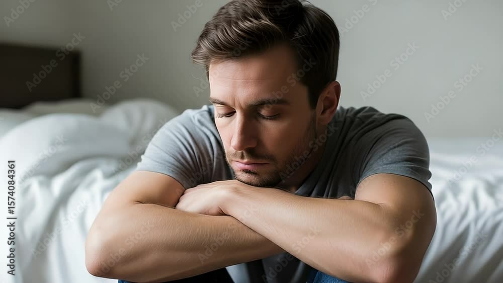 Closeup eyes in deep thought of a man resting arms on knees in a bedroom