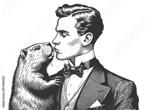 man in a tuxedo about to kiss a curious capybara, humorous and surreal composition sketch engraving generative ai fictional character vector illustration. Scratch board. Black and white image.