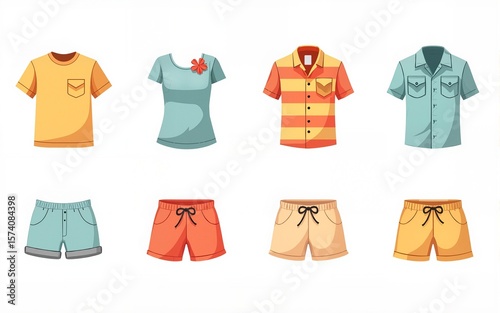 Summer clothes set with t-shirt, dress, Hawaiian shirt, skirt and more. Summer season outfit collection in cartoon stye. Vector illustration. High quality
