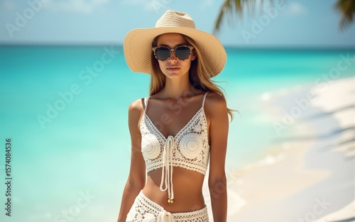 Fashion-forward woman wearing a crochet top and skirt, oversized sunglasses, and a straw sun hat on a sunny tropical beach showcasing summer style and beachwear trends. High quality