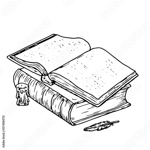 Open book lies on closed one, on page there is a raven's feather and guttered candle with wick, a black-and-white isketch. Vector illustration. Stack of textbooks in library, isolated on background.