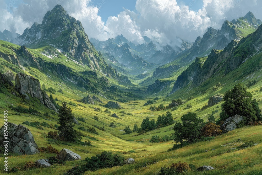 Naklejka premium Peaceful valley surrounded by lush green mountains under a vibrant blue sky