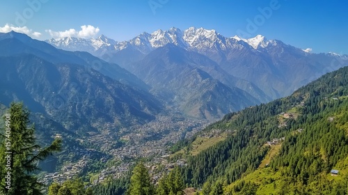 Panoramic view of snow-capped mountains and a valley with lush green vegetation and a small town nestled below