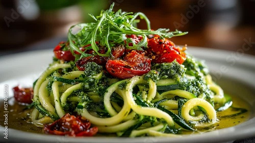 A dish of pesto topped zucchini noodles with a side section.