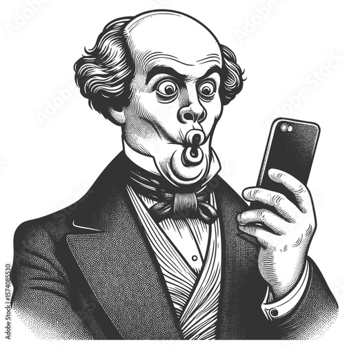 shocked man in Victorian attire, wide-eyed and reacting dramatically while staring at a modern smartphone sketch engraving generative ai vector illustration. Scratch board. Black and white image.