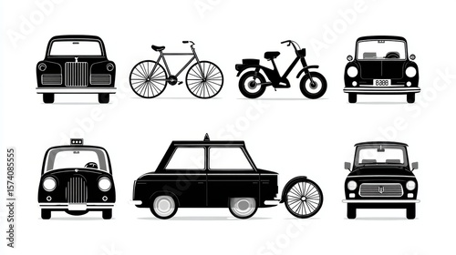 Collection of Vintage and Modern Vehicles Including Cars, Bicycles and Motorcycles in Black and White