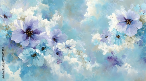 Impressionistic painting of delicate blue and purple flowers with textured brushstrokes