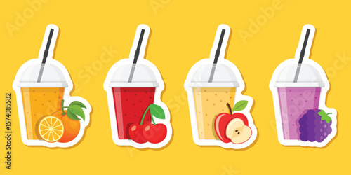 Grape, Cherry, Apple, Orange juice paper sticker icon set collection in flat style. Organic drinks vector illustration on isolated background. Healthy cocktails sign business concept.