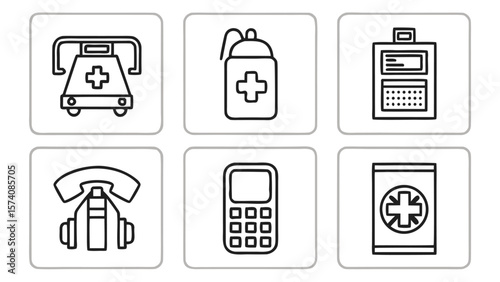 Collection of six simple black and white outline icons representing medical equipment and communication devices