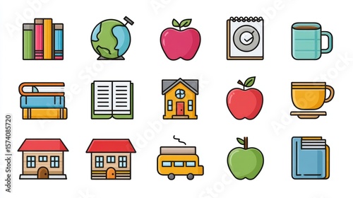 Colorful Educational Icons Featuring Books, Globe, Apples, and Home Illustrations for School Themes