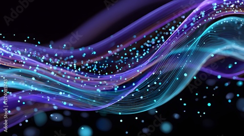 Abstract Waves of Light in Blue and Purple Flowing with Dynamic Particles in a Dark Space