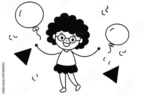 girl with curly hair and round glasses party line art vector illustration