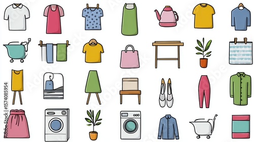 Colorful Illustrative Collection of Various Clothing Items and Household Objects on White Background