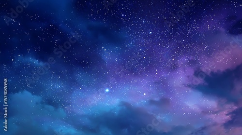 Vast starry night sky with swirling blue and purple clouds illuminated by starlight