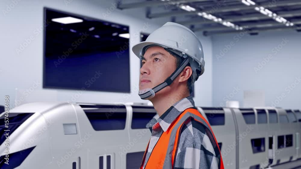 Close Up Side View Of Asian Male Engineer With Safety Helmet Looking Around While Standing, Futuristic High-Speed Train in a Modern Testing Facility