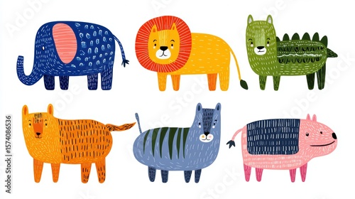 Colorful Cartoon Animals Including Lion, Elephant, Tiger, Dragon, and Hippo in Playful Style