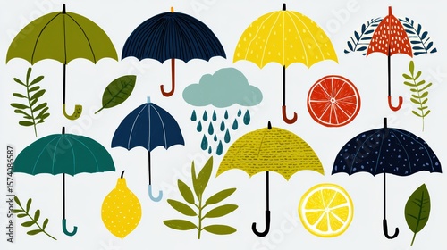 Colorful Pattern of Various Umbrellas and Fruits Including Lemons and Limes with Rain Elements