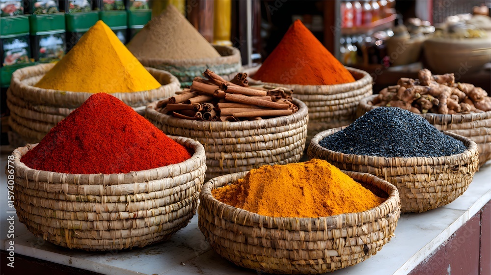 Fototapeta premium Vibrant Display of Colorful Spices in Traditional Market Baskets with Natural Ingredients and Aromas