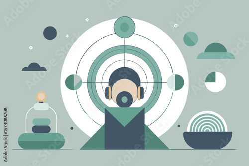 Abstract geometric illustration featuring a man in headphones and visual elements with a pastel color palette.