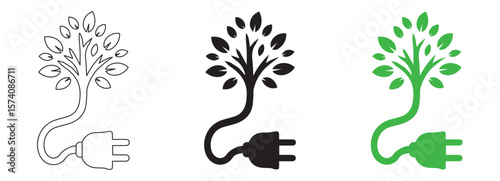 Eco Friendly Electric Plug Tree Symbol – Green Energy Concept, Car charging point icon png. Electric plug symbol. Electricity sign. Green energy vector illustration. Wire with plug
