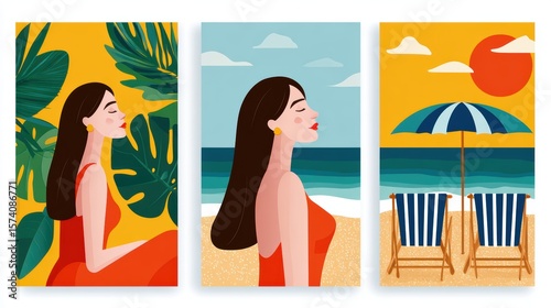Colorful Portraits of a Woman Relaxing on the Beach by the Ocean Under a Clear Sky