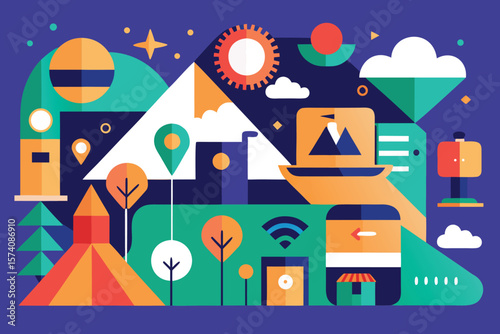Abstract geometric landscape featuring mountains trees clouds and wi-fi symbol on a vivid blue background