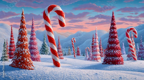 Whimsical Winter Landscape Featuring Colorful Candy Canes and Snow-Covered Trees at Sunset